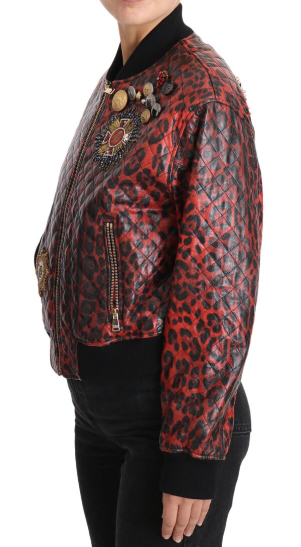 Dolce & Gabbana Red Leopard Bomber Leather Jacket with Crystal Buttons - Image 2