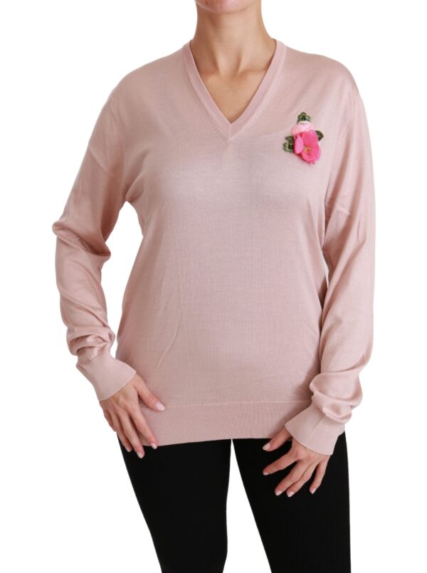 Dolce & Gabbana Pink Floral Silk V-Neck Sweater - Image 6