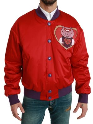 Dolce & Gabbana Vibrant Red Bomber Jacket with Multicolor Motif