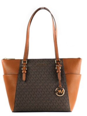 Michael Kors Charlotte Signature Leather Large Top Zip Tote Handbag Bag (Brown)