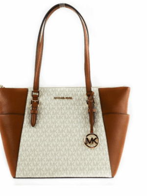 Michael Kors Charlotte Signature Leather Large Top Zip Tote Handbag Bag (Vanilla)