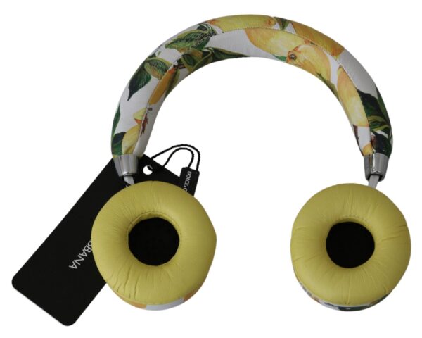 Dolce & Gabbana Chic White Leather Headphones with Yellow Print - Image 4