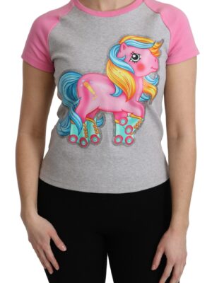Moschino Chic Gray Crew Neck Cotton T-shirt with Pink Accents