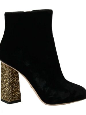 Dolce & Gabbana Elegant Velvet Ankle Boots with Crystal Heels