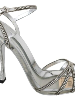 Dolce & Gabbana Silver Leather Ankle Strap Sandals with Crystals