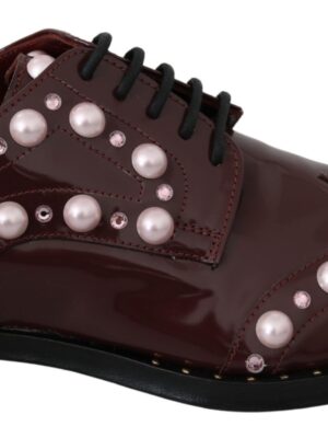 Dolce & Gabbana Elegant Bordeaux Lace-Up Flats with Pearls and Crystals