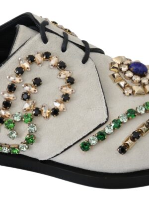 Dolce & Gabbana Elegant White Suede Dress Flats with Crystals