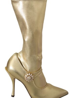 Dolce & Gabbana Elegant Gold Ankle Boots Socks with Rhinestones