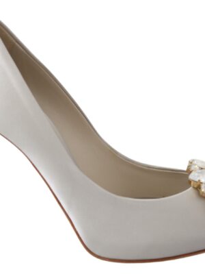 Dolce & Gabbana White Crystal Peep Toe Silk Blend Heels
