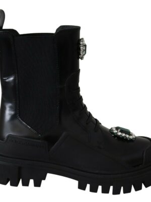 Dolce & Gabbana Elegant Black Leather Combat Boots with Crystal Detail