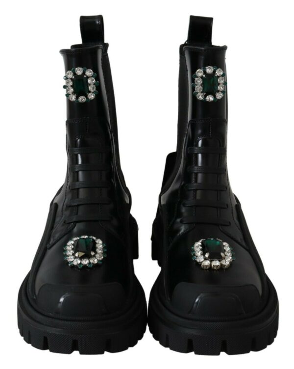 Dolce & Gabbana Elegant Black Leather Combat Boots with Crystal Detail - Image 6