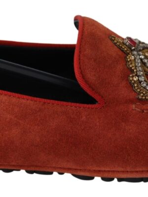 Dolce & Gabbana Opulent Orange Leather Loafers with Gold Embroidery