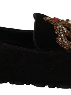 Dolce & Gabbana Elegant Black Leather Loafer Slides with Gold Embroidery