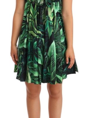 Dolce & Gabbana Elegant Flared Mini A-Line Dress in Green Leaf Print