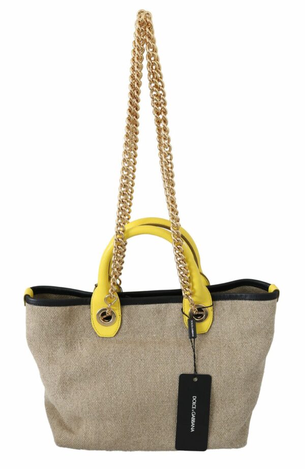 Dolce & Gabbana Beige Linen-Calf Tote with Gold Chain - Image 4