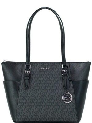 Michael Kors Charlotte Black PVC Leather Large Top Zip Tote Handbag Bag Purse