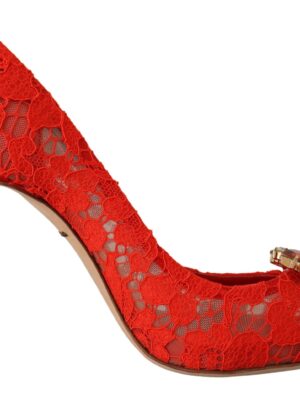 Dolce & Gabbana Red Crystal Taormina Lace Heels Pumps