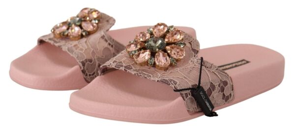 Dolce & Gabbana Floral Lace Crystal Embellished Slide Flats - Image 3