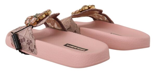 Dolce & Gabbana Floral Lace Crystal Embellished Slide Flats - Image 4