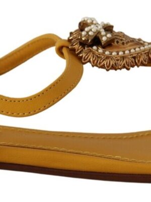 Dolce & Gabbana Mustard T-Strap Flat Sandals with Heart Embellishment