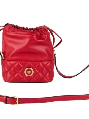 Versace Red Quilted Leather Drawstring Shoulder Bag Bucket Crossbody Handbag