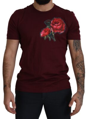 Dolce & Gabbana Elegant Bordeaux Roses Motif Crewneck Tee