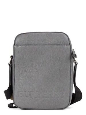 Burberry Thornton Small Grey Embossed Logo Grainy Leather Crossbody Handbag