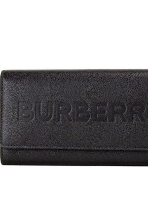 Burberry Porter Black Grained Leather Branded Logo Embossed Clutch Flap Wallet
