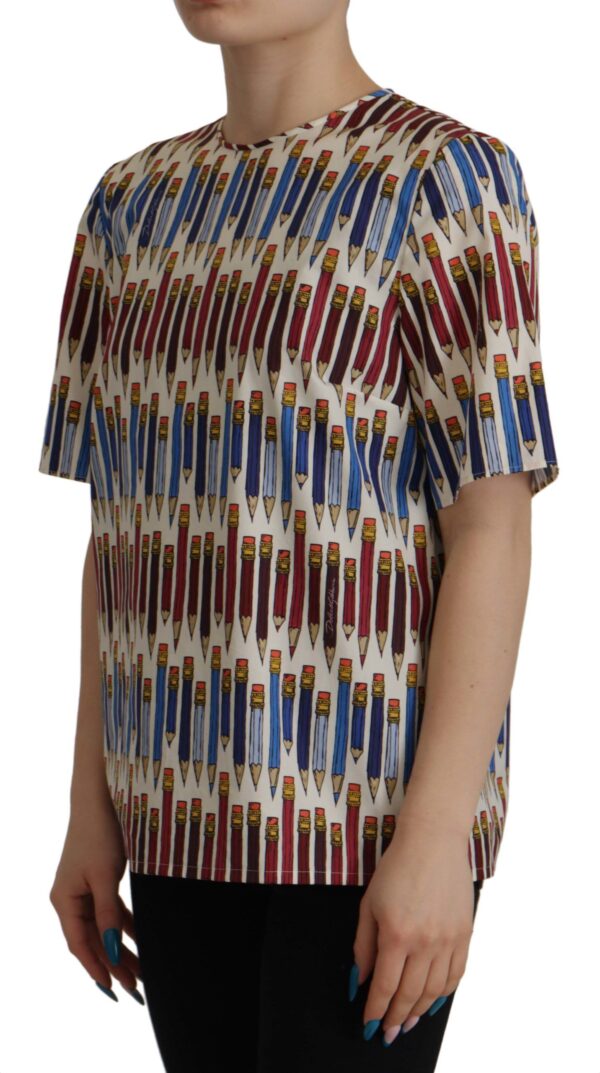 Dolce & Gabbana Chic White Pencil Print Short Sleeve Blouse - Image 2