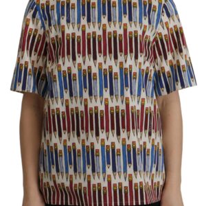 Dolce & Gabbana Chic White Pencil Print Short Sleeve Blouse
