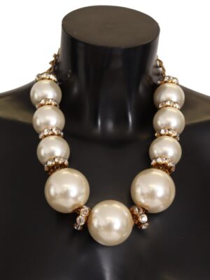 Dolce & Gabbana Elegant Faux Pearl Charm Necklace with Crystal Accents