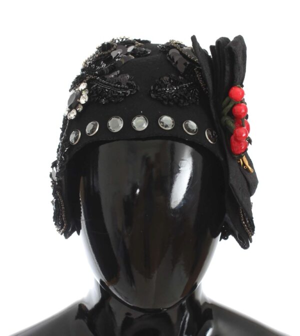 Dolce & Gabbana Elegant Black Crystal-Adorned Cloche Hat - Image 2