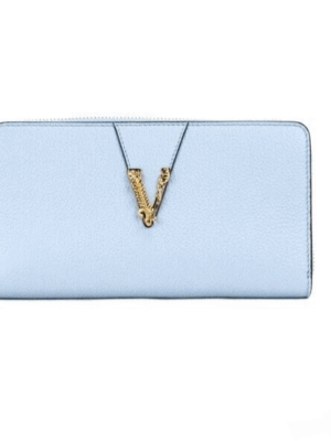 Versace Large Cornflower Grainy Leather Gold Monogram Zip Around Clutch Wallet