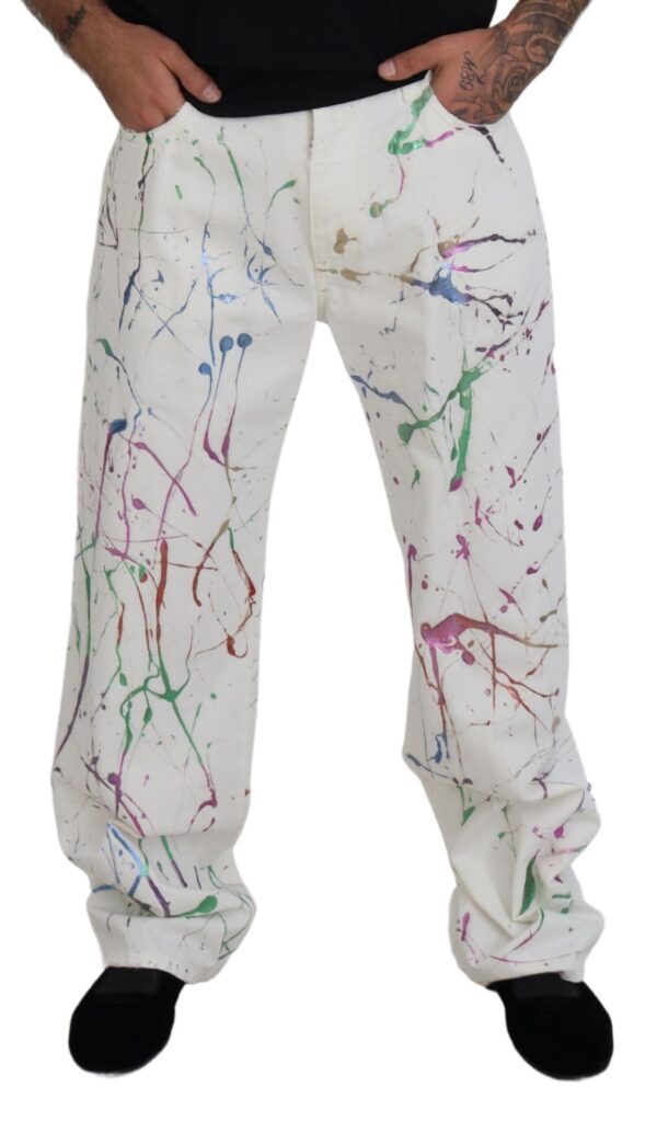 Dolce & Gabbana Chic White Splash Print Denim Pants - Image 4