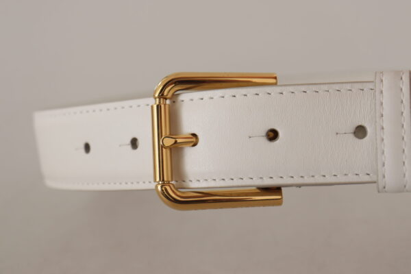 Dolce & Gabbana Chic White Leather Belt with Gold Engraved Buckle - Image 4