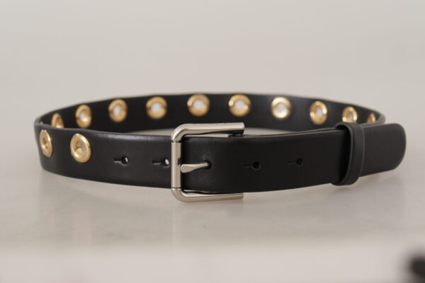 Dolce & Gabbana Chic Black Leather Belt with Engraved Buckle - Image 3