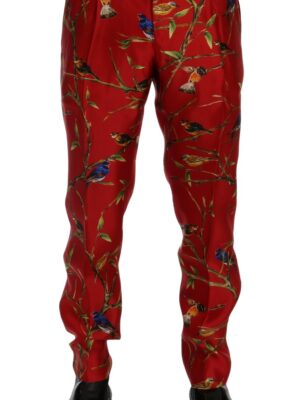 Dolce & Gabbana Elegant Silk Dress Trousers in Red Bird Print