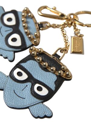 Dolce & Gabbana Chic Blue Leather Keychain with Gold Accents