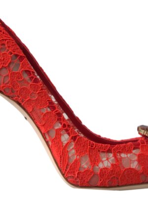 Dolce & Gabbana Chic Red Lace Heels with Crystal Embellishment