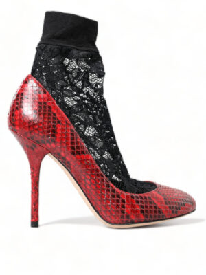 Dolce & Gabbana Red Almond Toe Snakeskin Pumps with Lace Socks