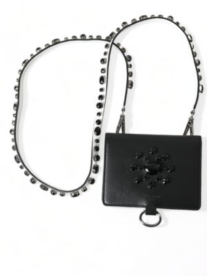 Dolce & Gabbana Elegant Black Leather Crystal Card Holder Wallet