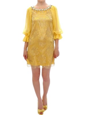 Dolce & Gabbana Yellow Lace Crystal Embellished Mini Dress