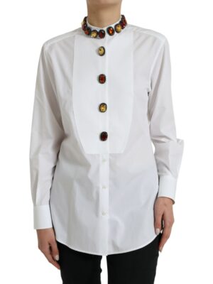 Dolce & Gabbana Elegant Crystal-Embellished White Cotton Top