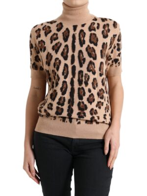 Dolce & Gabbana Elegant Beige Leopard Turtleneck Wool Top