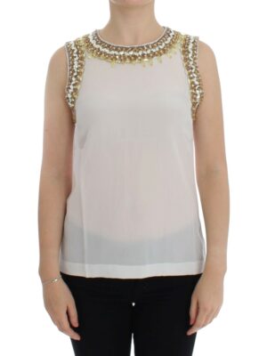 Dolce & Gabbana Elegant Sleeveless Silk Blouse with Crystal Embellishment
