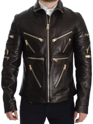 Dolce & Gabbana Elegant Brown Gold-Detailed Leather Jacket