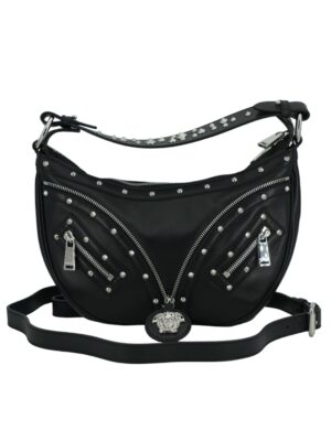 Versace Elegant Black Leather Hobo Shoulder Bag