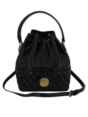 Versace Elegant Black Leather Medusa Bucket Shoulder Bag