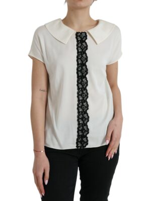 Dolce & Gabbana Elegant Off-White Lace-Trim Silk Blouse