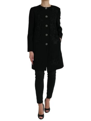 Dolce & Gabbana Elegant Floral Buttoned Wool Trench Coat